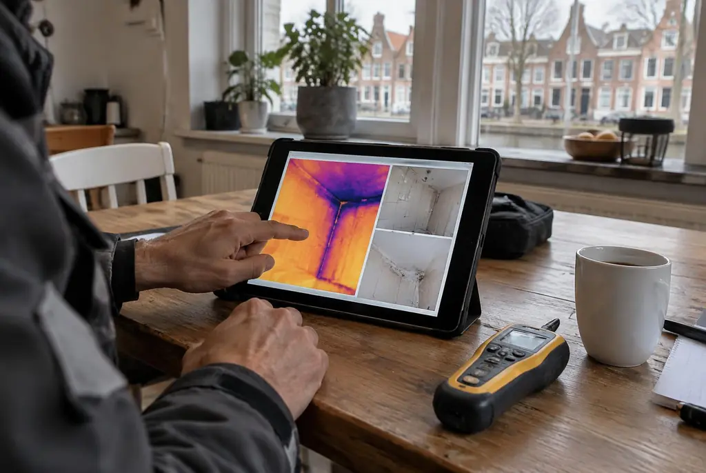 Lekdetectie Baarn – lekdetectierapport met warmtebeelden en foto's op een tablet