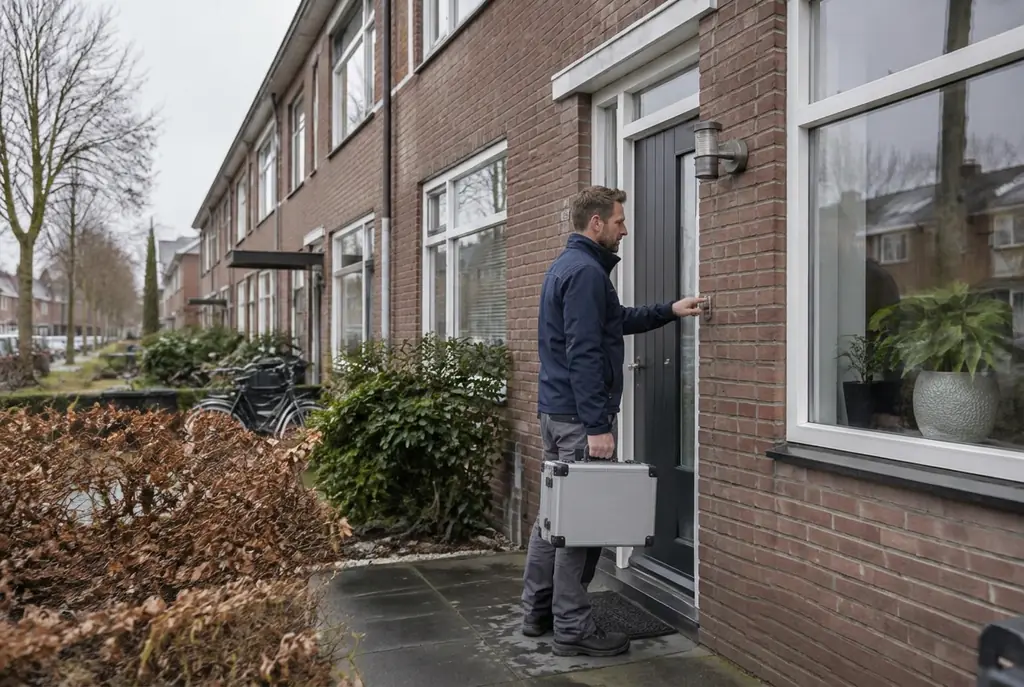 Lekdetectiespecialist met meetkoffer bij de voordeur van een woning in Baarn