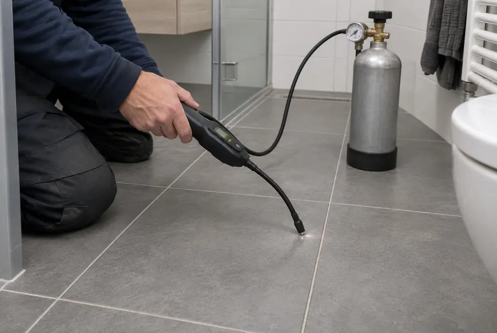 Lekdetectie Baarn – technicus spoort met tracergas een lekkage op in de vloer